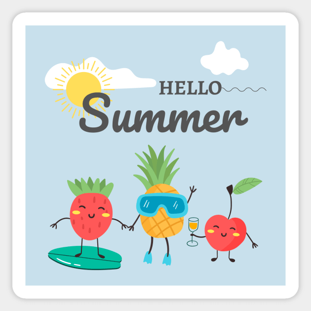 Hello Summer Cool design for summertime. Strawberry, cherry, pineapple with a beach landscape Sticker by SweetMay